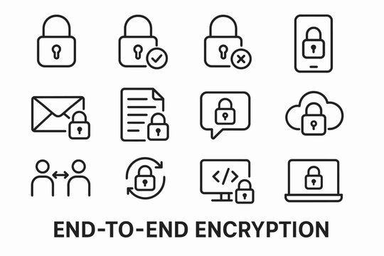 End-to-end encryption icons: padlock, email, mobile, cloud, communication, data security