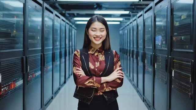 A smiling data center employee stands confidently in front of server racks. A woman with arms crossed is smiling with servers in the background