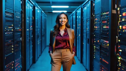 Confident data center professional smiling in a server room setting. Showcasing expertise and innovation within the technology industry. - Powered by Adobe