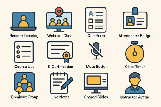 Online learning icons: remote classes, quizzes, and certifications