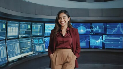 Confident businesswoman standing in front of a monitor display - Powered by Adobe