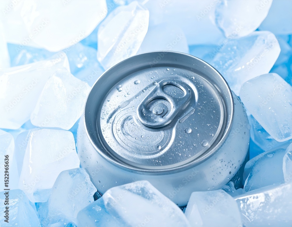 Poster close-up of a cold can surrounded by ice cubes. perfect for refreshing drink concepts.