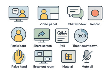 Virtual meeting icons: video panel, chat, poll, timer, and more features