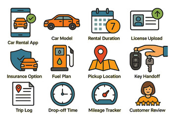Car rental app interface with icons for booking and customer review process