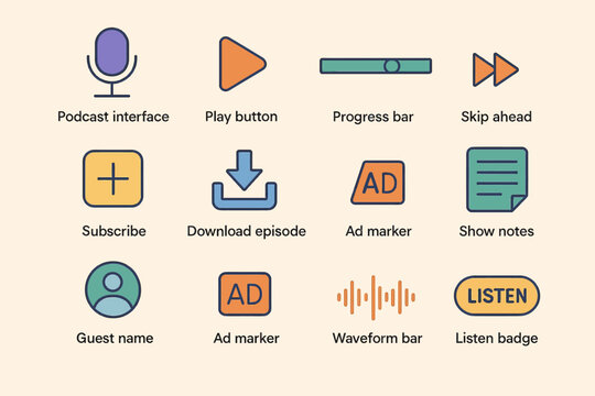 Podcast interface elements: play, progress, subscribe, download, notes, listen badge