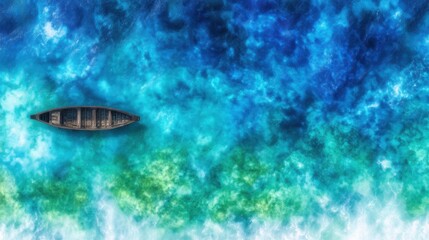 Aerial view of a small boat on vibrant turquoise water