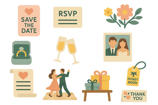 Wedding celebration elements: invitations, gifts, and honeymoon planning icons