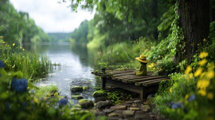 A serene fishing scene in a lush forest by a lake. A child sits on a small wooden dock, casting a fishing line into the water