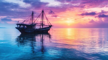 A vintage ship at sunset. Calm seas reflect vibrant colors