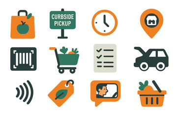 Curbside pickup icons: shopping, delivery, and convenience symbols on orange background