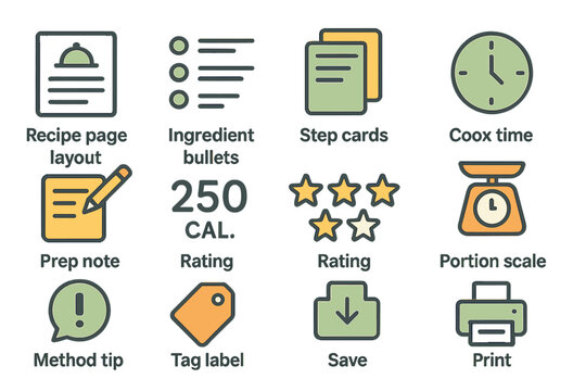 Cooking icons: recipe layout, ingredient bullets, cooking timers, and culinary tools