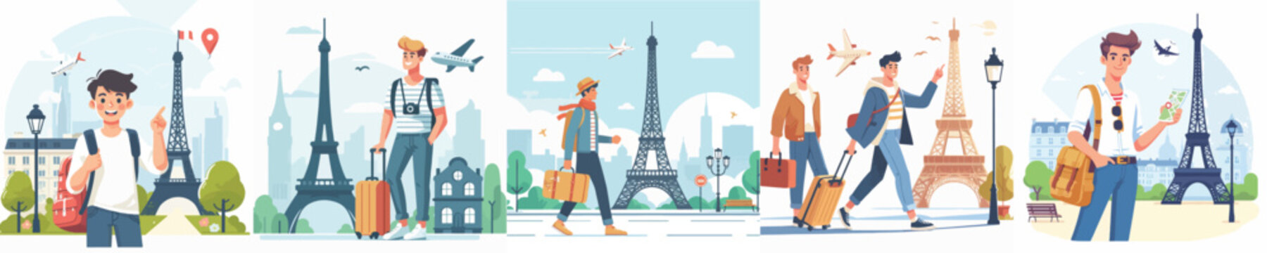 vector of a young man on vacation to paris eiffel tower