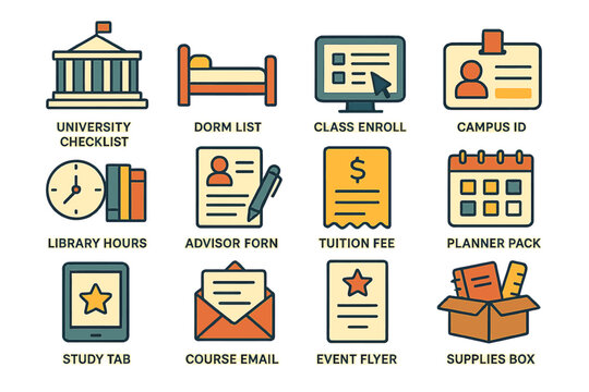 Essential university icons: dorm, class enrollment, campus id, advisor form, library hours