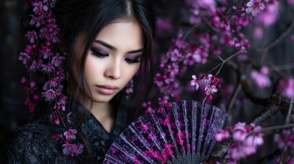Asian woman in traditional attire with cherry blossoms