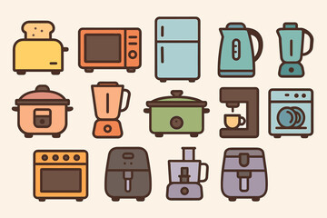 Colorful vector icons of kitchen appliances with simple design