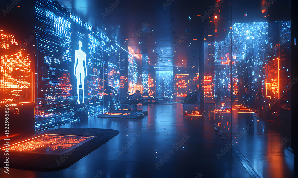 Poster entering immersive cyber environment with data streams and holographic figure