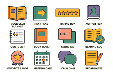 Colorful book club icons for planning and discussions
