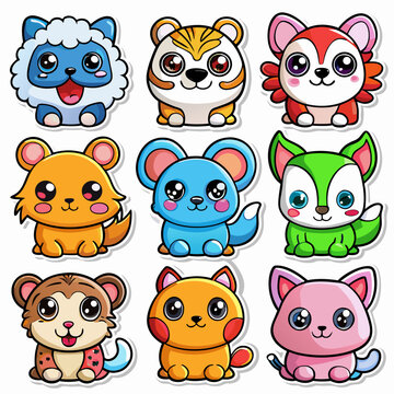 Naklejki 9 diffrent Cute Animalsset sticker  design and bold line black , white background ,full  color
