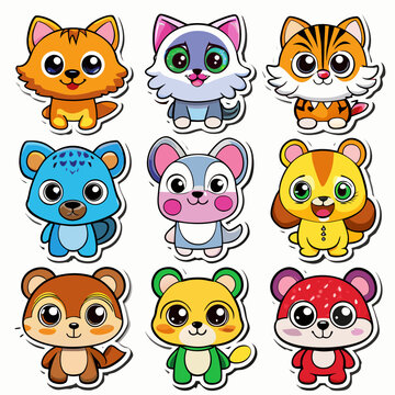 Naklejki 9 diffrent Cute Animalsset sticker  design and bold line black , white background ,full  color