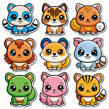 Naklejki 9 diffrent Cute Animalsset sticker  design and bold line black , white background ,full  color