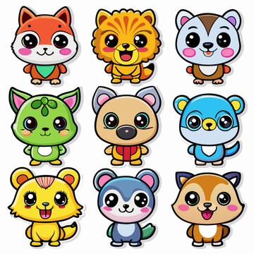 Naklejki 9 diffrent Cute Animalsset sticker  design and bold line black , white background ,full  color