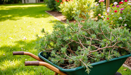 Garden wheelbarrow filled with trimmed branches in vibrant backyard  