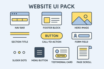 Website ui pack with nav bar, footer block, hero image, buttons, and forms