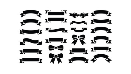 Black Silhouette Ribbon and Bow Vector Set Decorative Banner Elements Collection