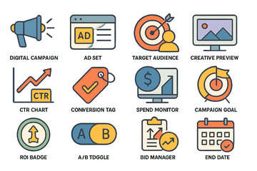 Digital marketing tools and icons for campaign management and analysis
