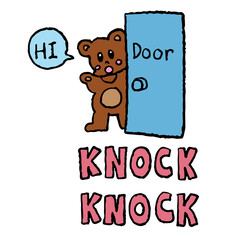 Hand drawn teddy bear greeting at the door for children, zoo, souvenir shop, animal, sticker, tattoo, cute patch, brooch, print, card, cartoon character, comic, mascot, department store, kid zone