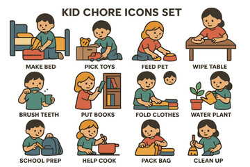Kid chore icons set: simple tasks for children in daily routine illustration