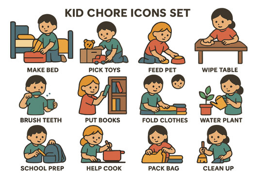 Kid chore icons set: simple tasks for children in daily routine illustration