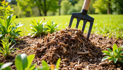 Gardening with pitchfork and mulch in sunny outdoor environment  