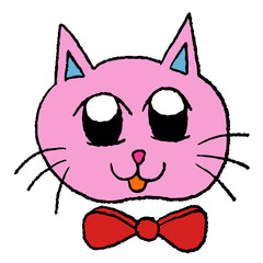 Hand drawn crayon illustration of pink cat wearing red bow for cartoon character, comic, mascot, cute patch, brooch, animal, pet, vet, kitten drawing, toy, kid doll, sticker, adopt and rescue animals