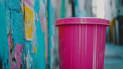 A bright pink trash bin stands beside a colorful graffiti-covered wall in an urban alleyway.