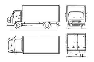 Detailed vector illustration of a box truck shown from the side, front, top, and back views.