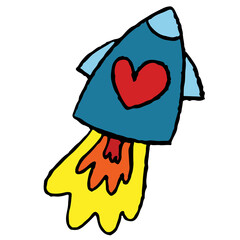 Hand drawn rocket for travel, trip, vacation, journey, transportation, sticker, commute, weekend, holidays, logo, icon, decoration, vehicle, plush toy, doll, cute patches, kids, toddler, occupation
