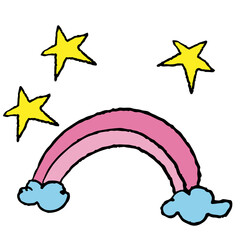 Hand drawn crayon illustration of pink rainbow, cloud, stars for sticker, kid drawing elements, tattoo, decorations, patch, brooch, shirt print, sign, symbol, emoji, expression, Pride Month
