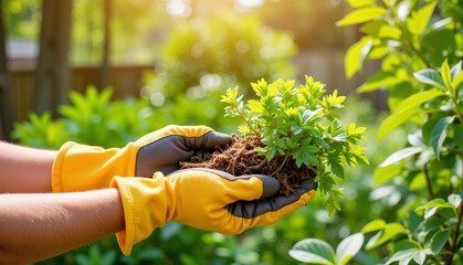 Gardener holding young plant in hands with soil in garden sunlight  