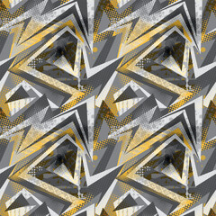 Seamless abstract pattern with angular geometric shapes, halftone dots, and grunge textures in yellow, black, gray. Urban and comics style wall print for streetwear, posters, sport textile