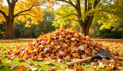 Pile of autumn leaves with rake on grassy lawn in sunny park  