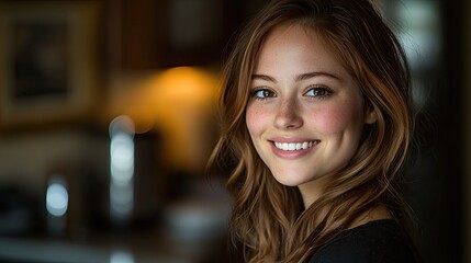 Obraz premium Smiling woman indoors, home portrait, warm lighting