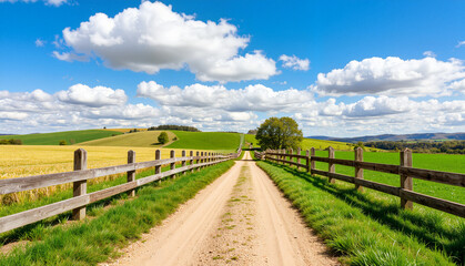 Dirt road leading through green fields under a blue sky with clouds  