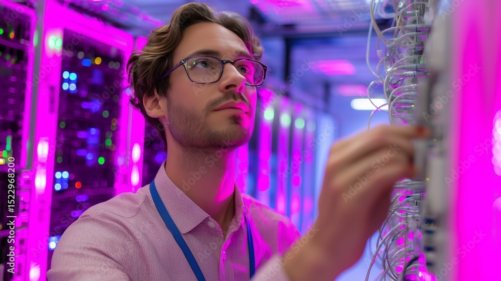 Poster technician working in a data center adjusting network equipment during evening shift with colorful l