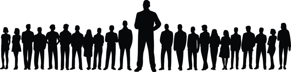 Large group of diverse people silhouettes, standing crowd, leadership concept, business team, vector illustration