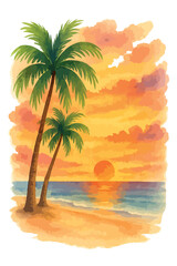 Tropical beach at sunset with calm sea, glowing sun, and two palm trees. Illustration isolated on white background. Ideal for vacation themes, summer travel, posters, covers, and digital backgrounds.