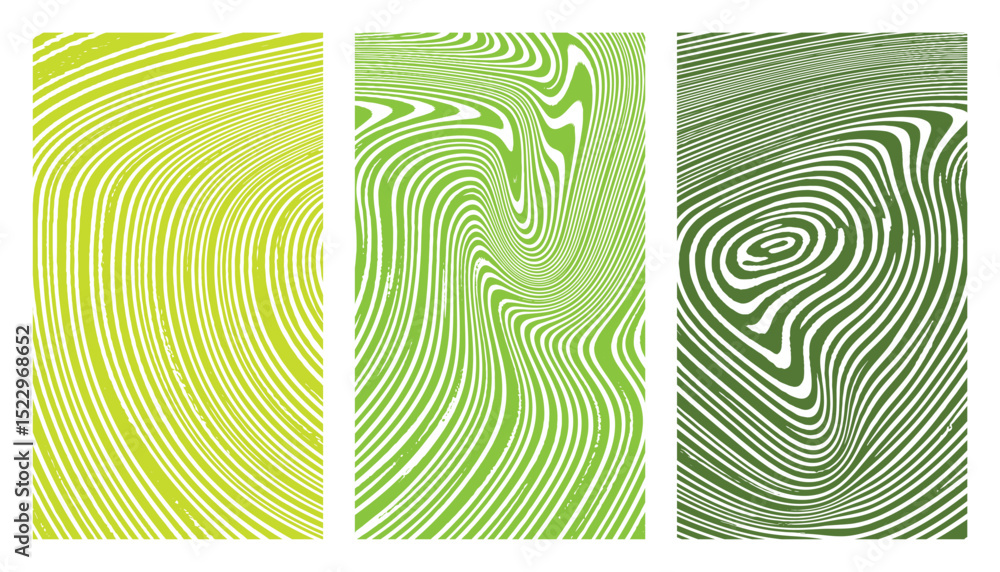 Poster a set of vector backgrounds featuring distorted lines in various shades of green and yellow.