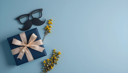 Father's Day Gift Ideas Blue Gift Box with Mustache and Glasses