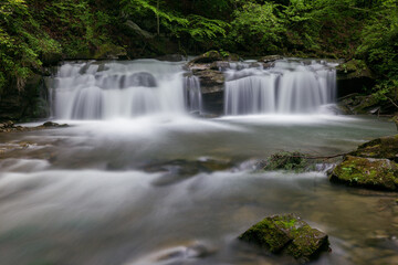 Waterfall in the mountains, river rapids, fast flow, Scenic view of pristine Carpathian nature with crystal clear water cascading over mossy rocks. Photo wallpaper, beauty of nature and the Earth.