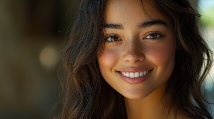 Obraz premium Smiling woman outdoors, natural light, happy face, blurred background